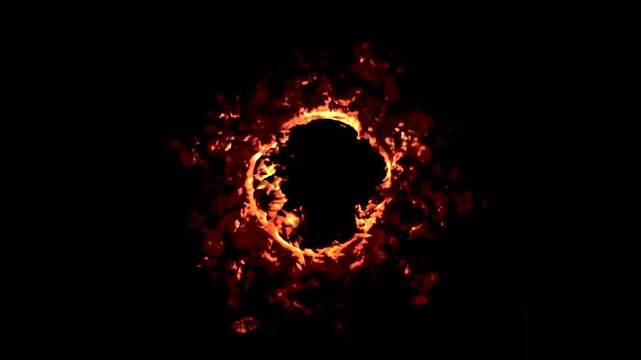 Fire toroidal vortex ring rotating ember smoke portal inferno loop black background 4K
