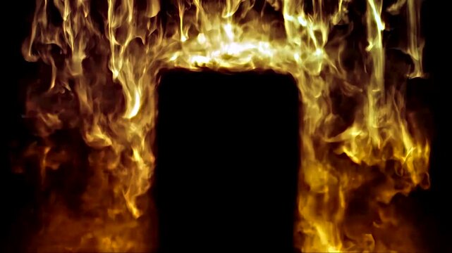 Hellfire inferno gate biblical fire portal burning door flames brimstone loop black background 4K