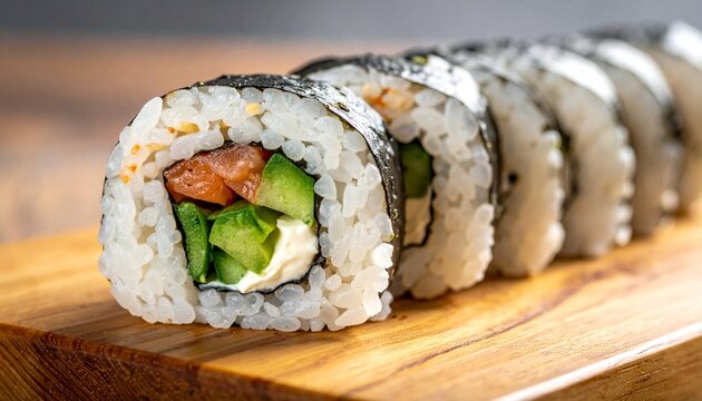 木のまな板に断面を見せて並んだ具だくさん太巻き寿司のクローズアップ