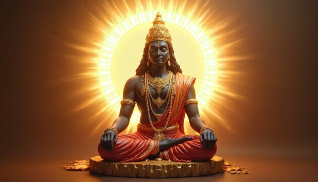 Meditating statue of Lord Ayyappa in golden sun aura. Deity wears orange robes, intricate gold jewelry. Symbol of divine power, peace, and spiritual enlightenment.