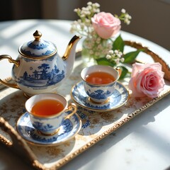 Fototapeta premium Delicate tea set with blue and white porcelain cups and teapot arranged on a decorative tray. Two cups filled with amber liquid, served with pink roses and small white flowers.
