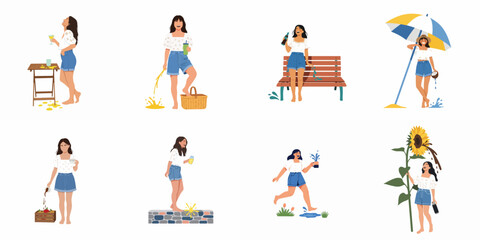 Fototapeta premium Vector illustration set of a cheerful young woman in summer attire playfully spilling various drinks across multiple outdoor settings.