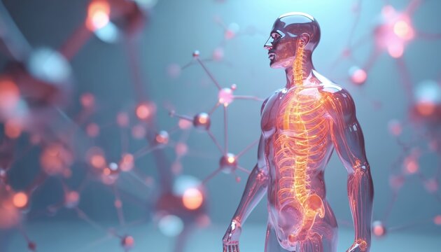 Transparent male body shows glowing spine and nervous system. Molecular structures float in background. Bio science and medical research concept. Human anatomy model visualization. Future tech health.