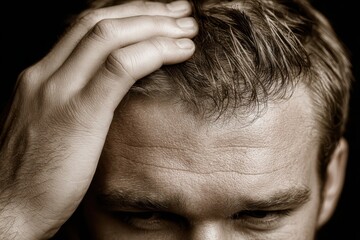 Fototapeta premium Close-up monochrome portrait of a man with hand on head, showing signs of stress, concern, or contemplation, with furrowed brow and thoughtful expression on his face