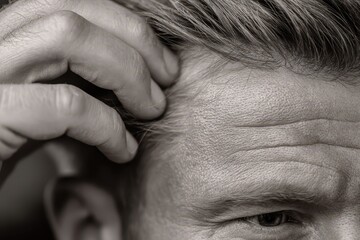 Fototapeta premium A close-up, monochrome portrait of a thoughtful, mature man with gray hair, showing wrinkles and a concerned expression as he touches his head, suggesting aging.
