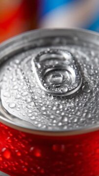 Close-up of a cold beverage can covered in condensation droplets
