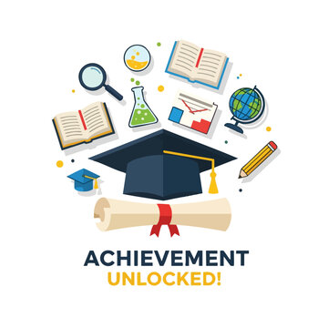 Graduation cap, diploma, books, and school items symbolize academic achievement