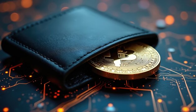 Black leather wallet holds golden bitcoin coin. Futuristic circuit board glows with orange lines and lights. Digital finance concept for crypto assets and modern tech.