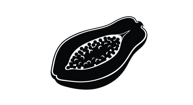 A halved papaya fruit depicted in a striking black silhouette