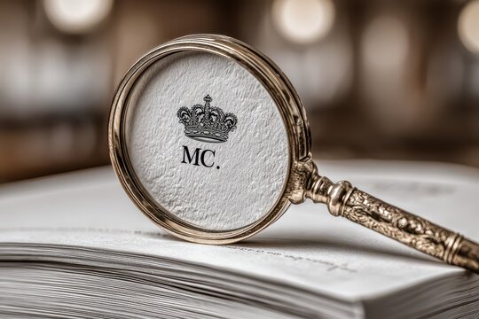 A vintage magnifying glass focuses on a page with a crown and the letters MC, resting on a stack of white paper, highlighting detail and intrigue.