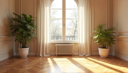Fototapeta premium Sunlight streams into elegant room with plants. Tall arched window frames leafy trees outside. Neutral walls feature classic molding detail. Wooden floor displays parquet pattern, creating warm