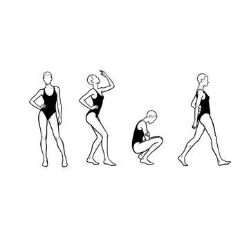 Four different poses of a woman wearing a black swimsuit shown in a clean black and white line art