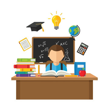 A student sits at a desk surrounded by educational items and math equations