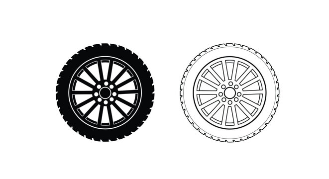 Two car wheels one solid and one outlined in black and white silhouette