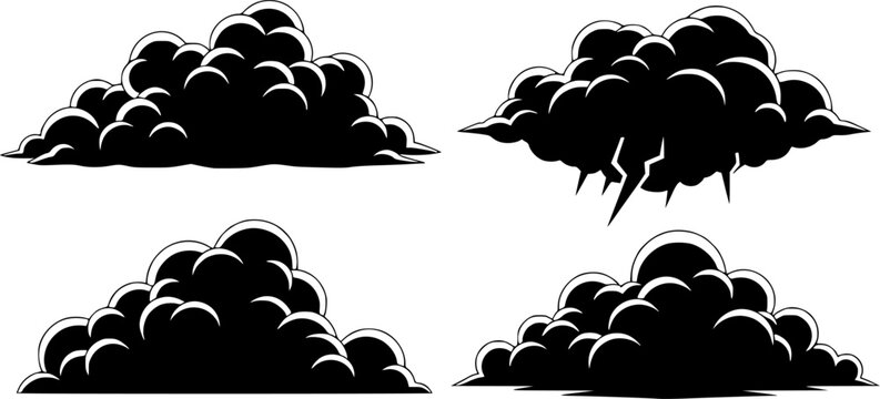 Black cloud silhouette vector set, flat weather icon collection, storm cloud shapes, CAD drawing style, isolated clipart illustration

