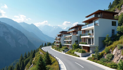 Fototapeta premium Modern apartment buildings sit on a mountain slope beside a winding road. Residences offer balconies with scenic mountain views. Rich green trees surround the contemporary structures.