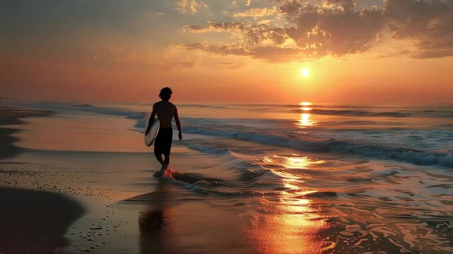 Surfers approach the shoreline as the sun sets, casting a golden glow over the water. Waves crash gently, creating a serene yet invigorating atmosphere filled with adventure.