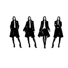 Obraz premium A collection of fashion illustrations featuring four women wearing stylish black winter coats