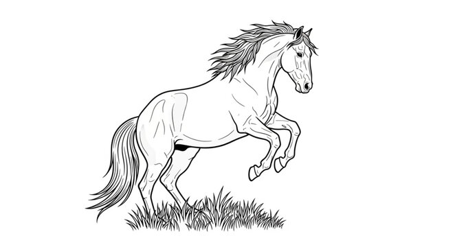 Majestic Horse Rearing Up in Grassy Field - Detailed Line Art.