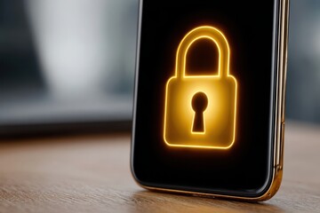 Fototapeta premium A close-up of a smartphone screen displaying a glowing, stylized padlock icon, symbolizing digital security and privacy, set against a blurred background.