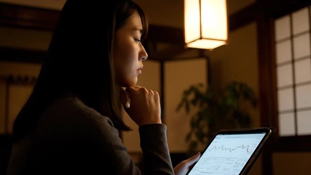Asian woman using tablet with stylus pen indoors, working on stock market graph with financial data.