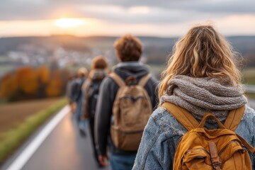 Fototapeta premium A group of hikers walking along a road at sunset, carrying backpacks and enjoying the peaceful atmosphere and beautiful views of the surrounding landscape.