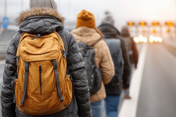 Fototapeta premium A line of travelers with backpacks walking along the roadside during a trip, wearing warm jackets, exploring new places with a sense of adventure and companionship.