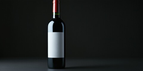 Naklejka premium Dark wine bottle stands prominently. Blank label suggests customization. Dramatic lighting creates strong shadows, highlighting glass form.