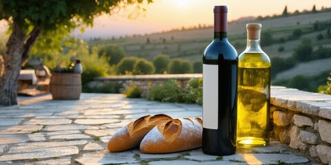 Naklejka premium Rustic scene. Wine, oil, bread rest upon stone patio. Rolling hills visible during sunset. Peaceful, idyllic countryside setting.