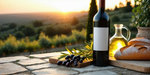Naklejka premium Wine, olives, bread present. Scenic landscape visible during sunset. Rustic setting evokes Mediterranean flavors, peaceful ambiance.