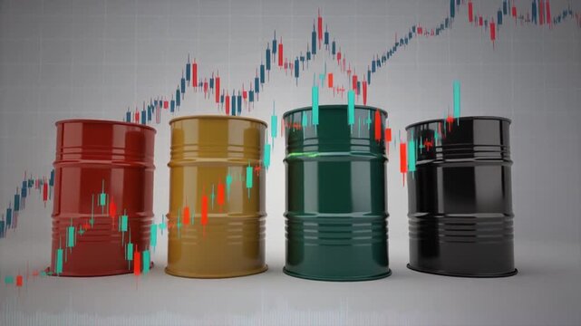 A digital illustration of four metallic barrels in red, gold, green, and black, arranged in a row with stock market graphs in the background