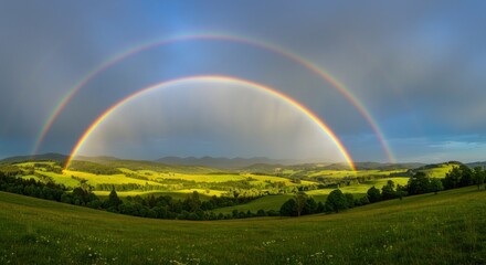 Fototapeta premium Double rainbow arching over rolling green landscape after storm