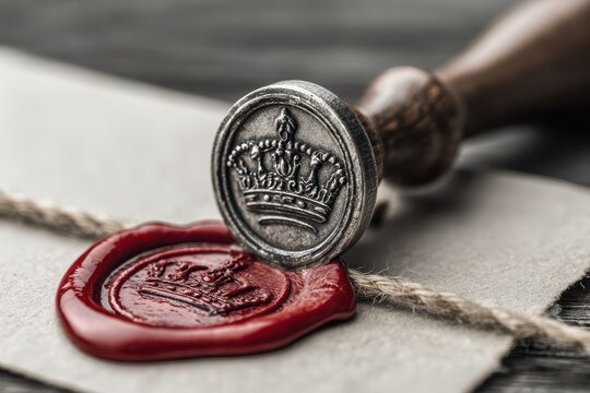A wax seal with a crown imprint and a wooden handle resting on parchment paper, conveying authenticity and vintage elegance in detail focused shot.