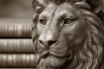 Obraz premium Magnificent sepia toned lion sculpture head with books behind, showcasing intricate details, textures, and commanding presence, embodying strength and wisdom.
