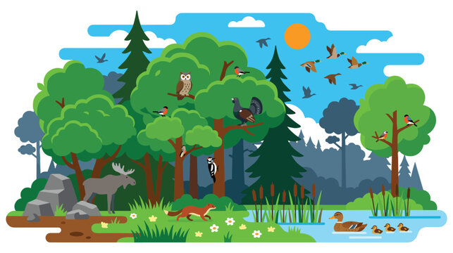 Forest ecosystem illustration with various wild animals and birds flying
