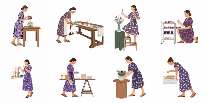 A collection of flat vector illustrations featuring a woman in a floral dress preparing for a party, including decorating cakes and setting tables.
