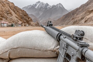 Fototapeta premium Close-up of an M4 carbine on sandbags against a mountain backdrop, conveying themes of conflict, protection, and military readiness, a stark depiction.