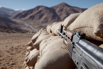 Fototapeta premium Close-up of an AK-47 rifle resting on sandbags with a blurred mountain landscape, depicting conflict, defense, and military presence in rugged terrain.