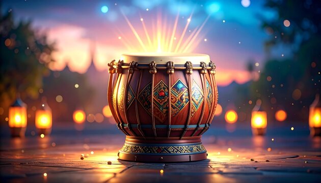 3D golden bedug drum with glowing light rays in mystical night setting