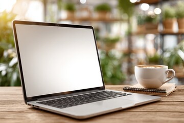 Fototapeta premium Close-up of a laptop with a blank screen, a cup of coffee, and a notebook on a wooden desk, set against a blurred backdrop of green plants and a natural light.