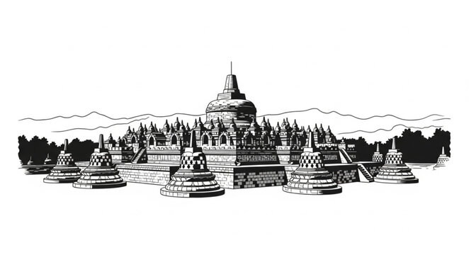 Monochrome depiction of Borobudur Temple, a 9th-century Mahayana Buddhist monument.