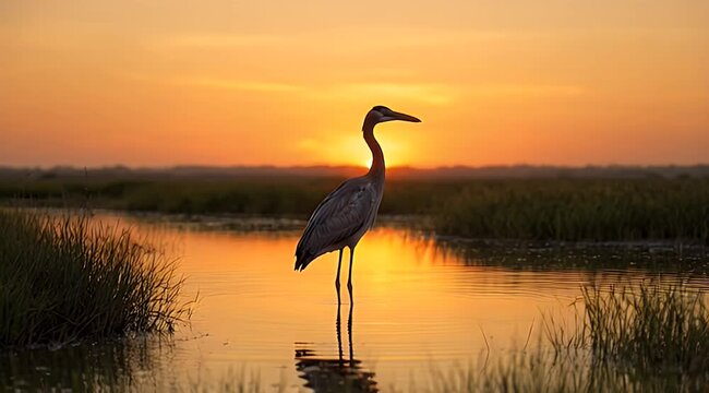 Lone wading bird standing in a shallow marsh pond at sunset, reflecting on calm water