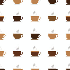 Obraz premium Repeating pattern of steaming coffee cups in brown and tan on a white background
