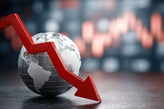 Global Economic Downturn: A red arrow pointing downwards on a globe symbolizing the current financial crisis and market crash, depicting a loss and recession concept.