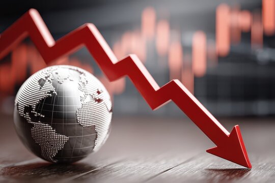 A symbolic representation of global economic downturn, featuring a falling arrow and globe, signaling financial crisis and market instability, conceptual view.
