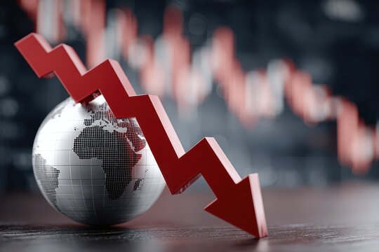 Dramatic depiction of a global economic downturn with a red arrow pointing down and resting on a metallic world globe, signifying a financial crisis and market decline.