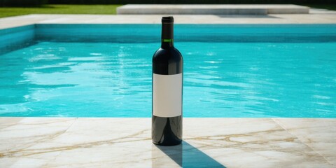 Naklejka premium Wine bottle stands poolside. Bright sunlight creates strong shadow. Calm water reflects sky, suggesting relaxation, leisure.