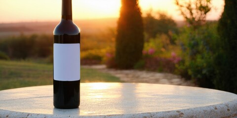 Naklejka premium Wine bottle rests upon round table. Sunset creates warm glow, idyllic landscape visible beyond. Peaceful scene.