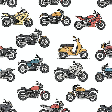 A repeating pattern of various motorcycles and a scooter in a cartoonish, stylized design