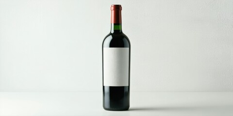 Naklejka premium Wine bottle stands on surface. Dark liquid visible through glass. Blank label suggests customization possibilities. Simple studio shot.